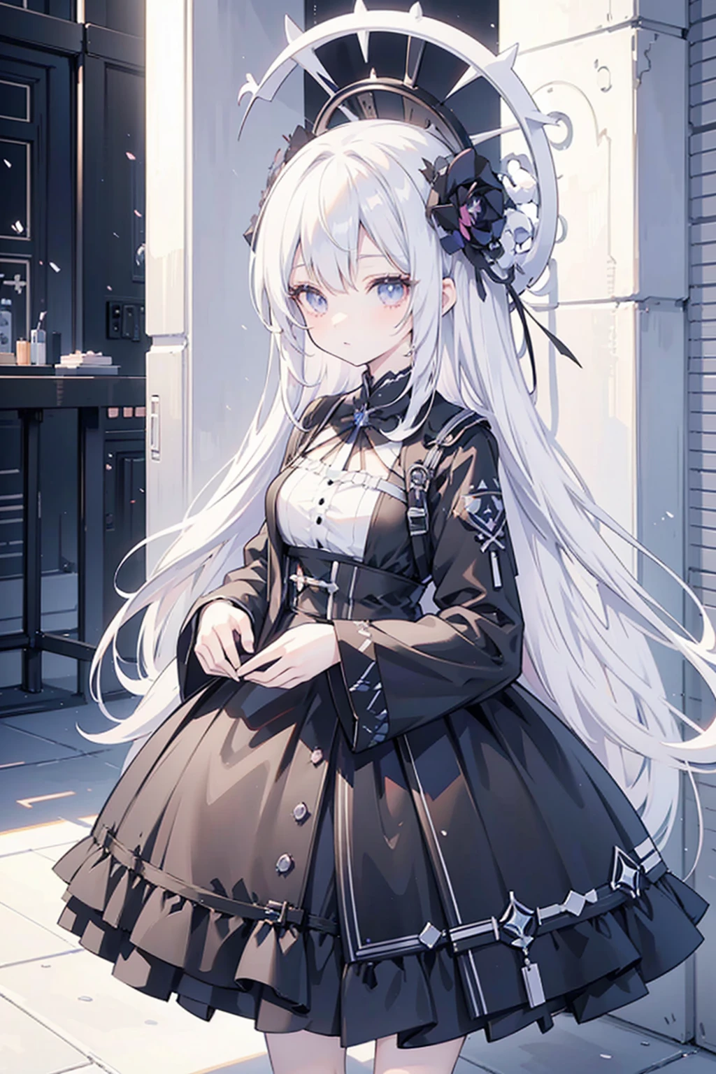 Anime-style image of a woman with white hair and black clothing, Cute 3D anime girl render, Cute anime waifu in a nice dress, From Arknights, Anime VTuber Full Body Model, April Rendering, Anime girl in a black dress, Gothic Maiden Anime Girl, Highly detailed characters, Official character art