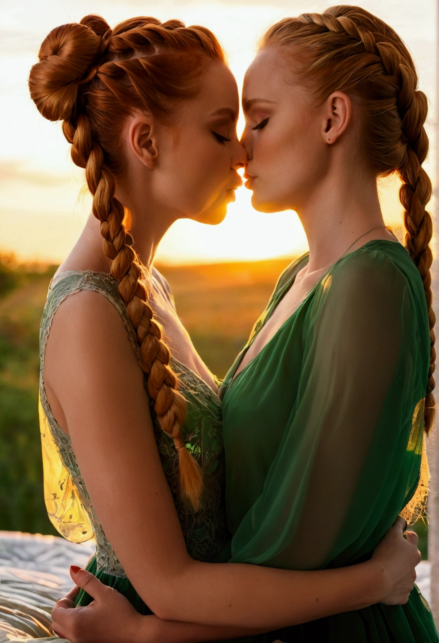 Two Women, hair tied up, braids, blonde red hair, green eyes, Kiss, touch each other, Sunset backlight, im Bett, Transparent dress,