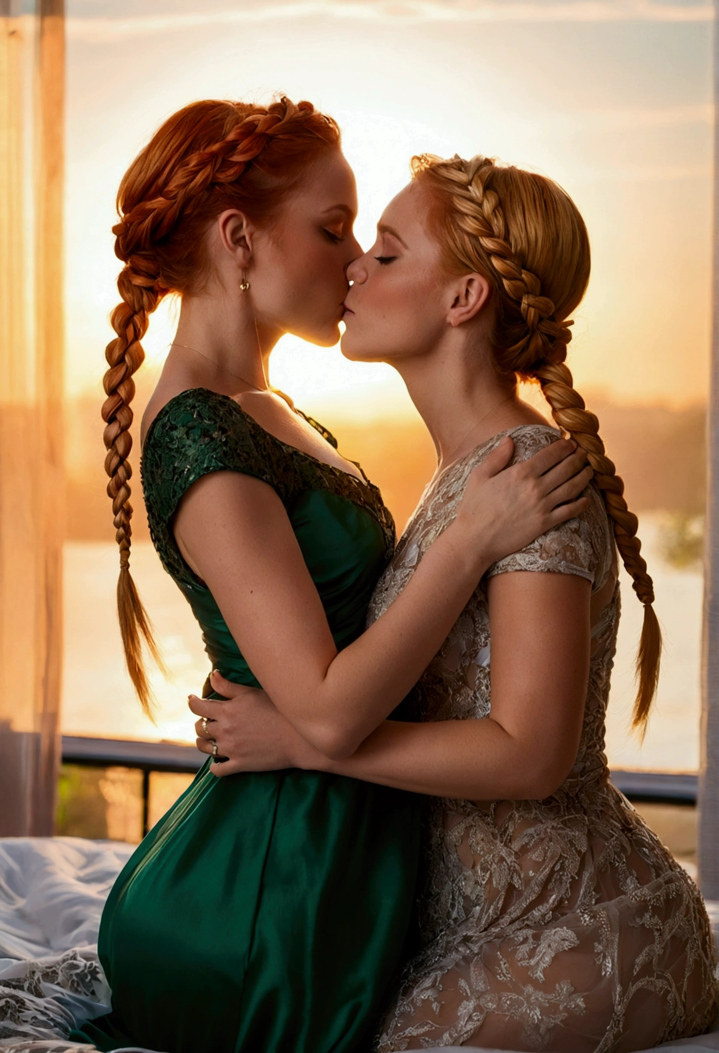 Two Women, hair tied up, braids, blonde red hair, green eyes, Kiss, touch each other, Sunset backlight, im Bett, Transparent dress,
