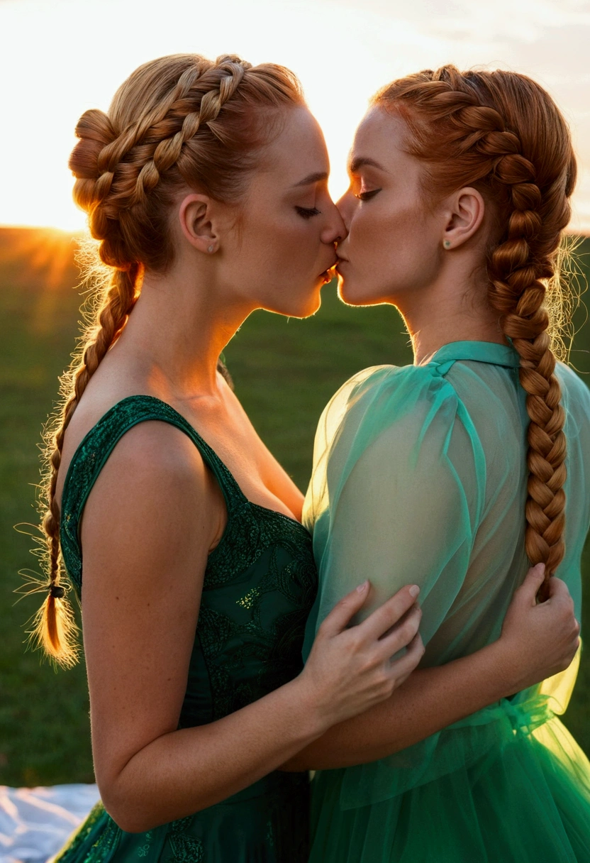 Two Women, hair tied up, braids, blonde red hair, green eyes, Kiss, touch each other, Sunset backlight, im Bett, Transparent dress,