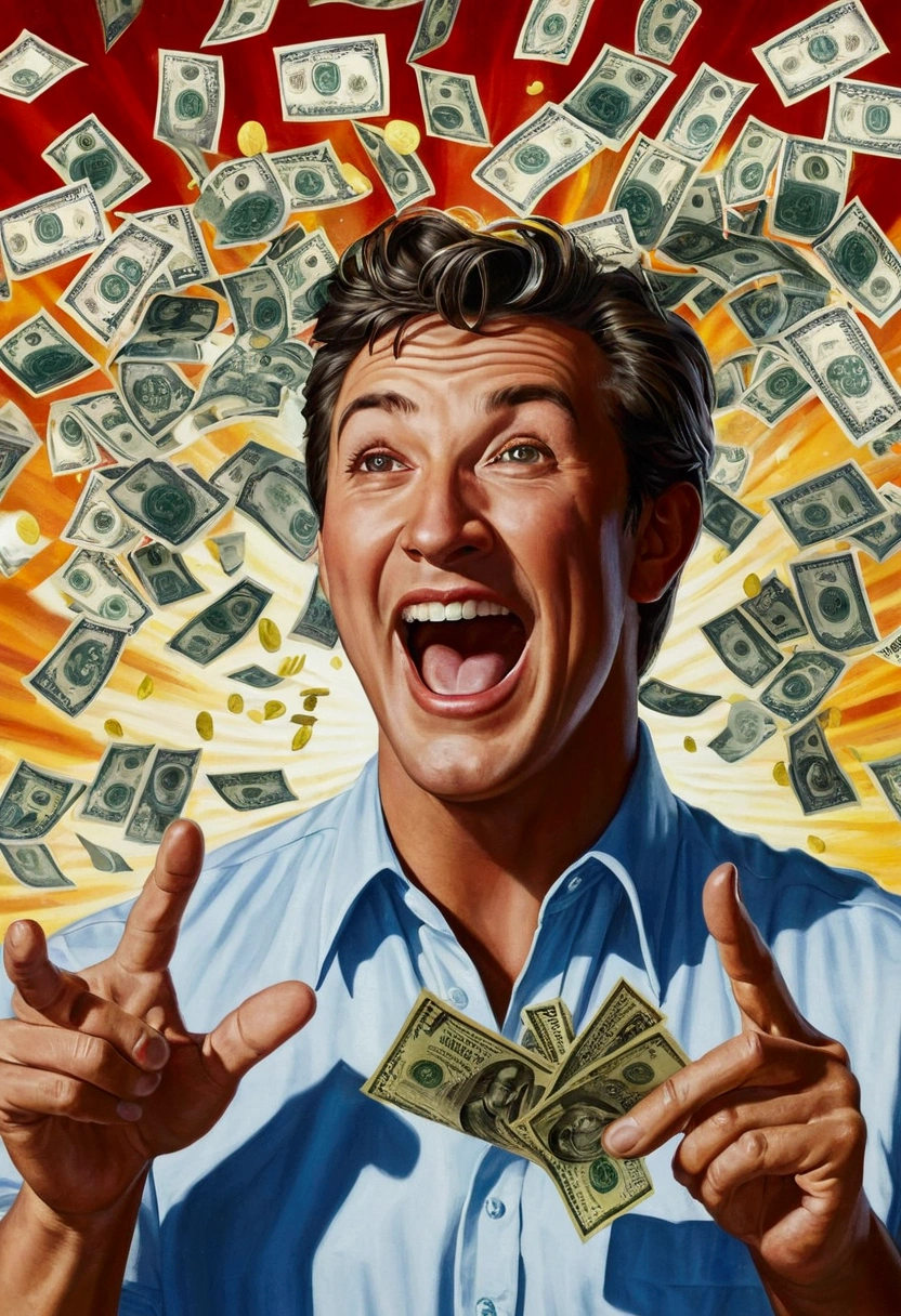Winning the lottery, success, hurrah, good luck, happiness, Artwork, male