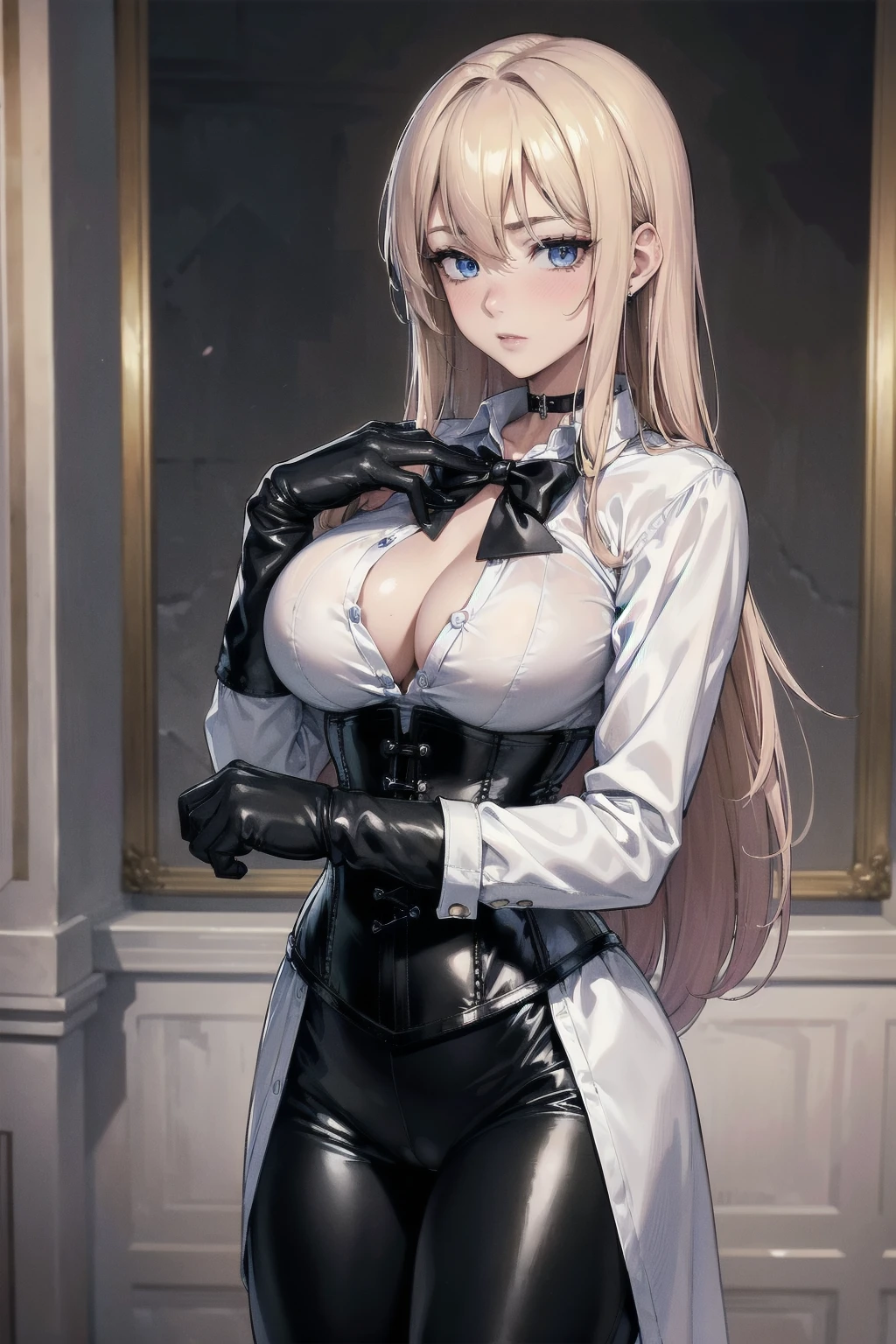 Masterpiece, Superior image quality, high resolution, 4k image,photo and gross, photorealistic, whole body, distant view, ung man of 15 years, {{{vagina}}}, big breasts, beautiful face, Long blonde hair, blue eyes, very detailed eyes, pink cheeks, shy expression, choker:1.6, (white collar button down long sleeve shirt), black gloves, gloves that cover hands, (black leather corset), (shiny black leggings), Sensual Lips, show details in the eyes, looking at the viewer, large elegant illuminated room