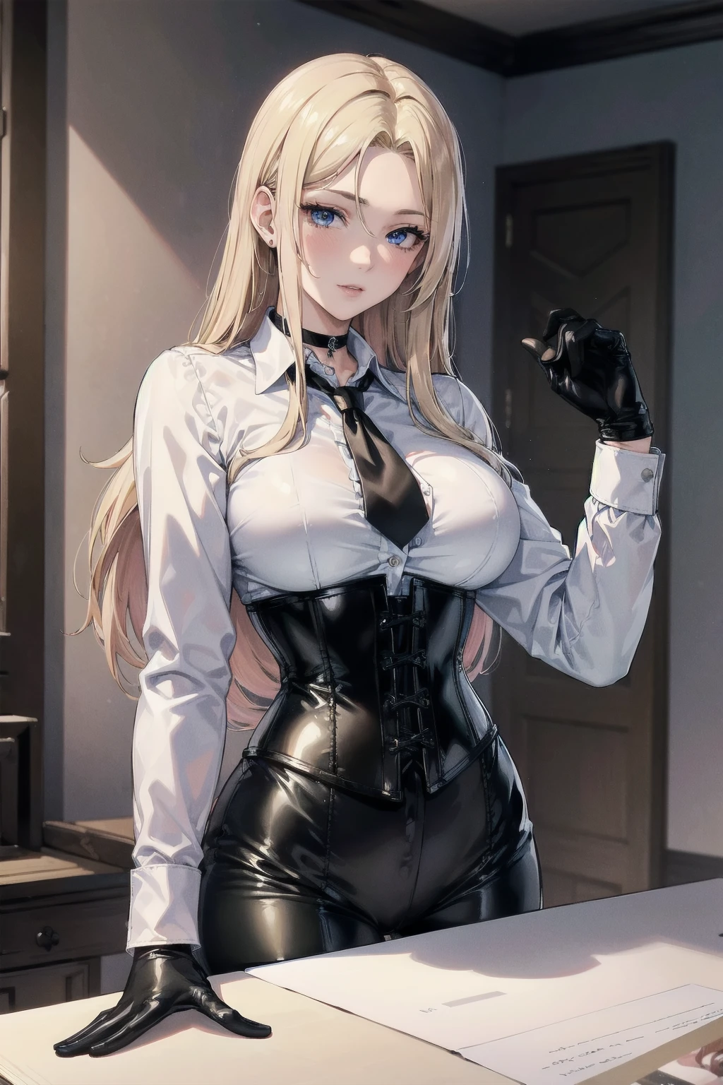 Masterpiece, Superior image quality, high resolution, 4k image,photo and gross, photorealistic, whole body, distant view, 1 young man of 15 years, {{{??????}}}, big breasts, beautiful face, Long blonde hair, blue eyes, very detailed eyes, pink cheeks, shy expression, choker:1.6, (white collar button down long sleeve shirt), black gloves, gloves that cover hands, (black leather corset), (shiny black leggings), Sensual Lips, show details in the eyes, looking at the viewer, large elegant illuminated room