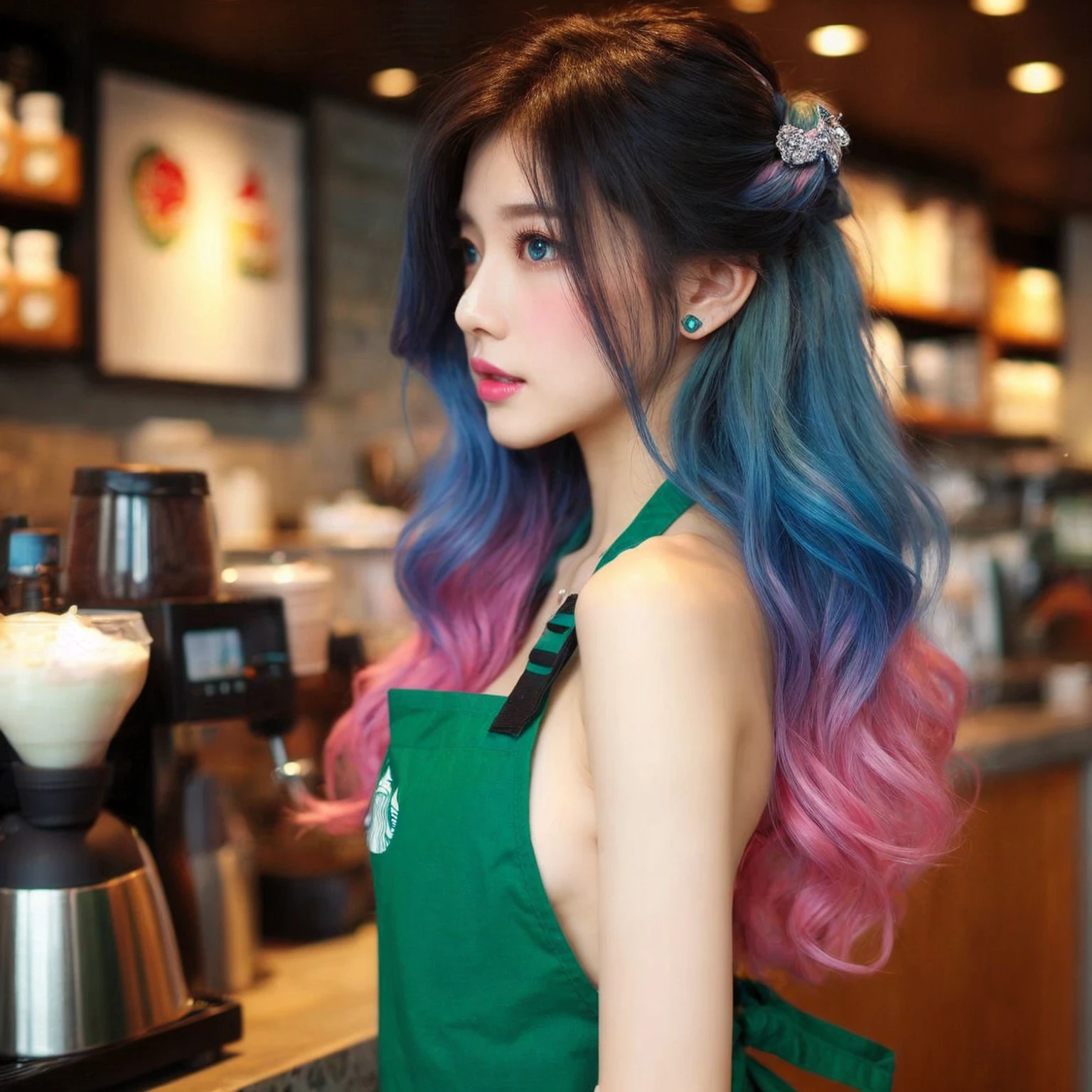 Cool beauty，Looks sweet，(updo, blue and pink hair), only wearing dark green starbucks apron, off-shoulders, plump body, medium chest, full body photo, standing pose. Side view. In coffee shop.