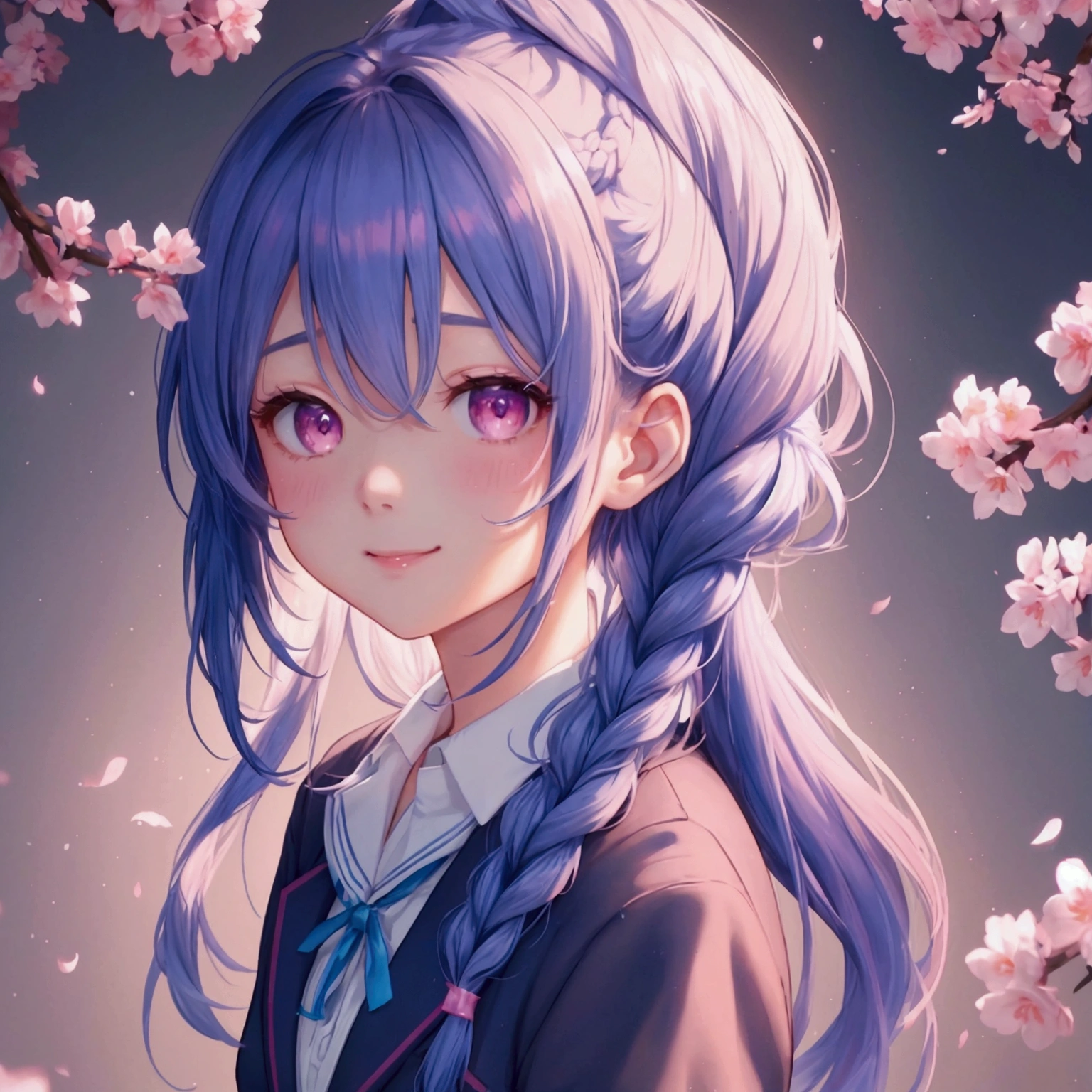 (Sky blue medium hair),(Braided hair tied together)、Pink eyes、Fair skin、(whole body)、(One Girl)、(School uniform blazer)、Cherry Blossoms at Night、A big smile、、(masterpiece、Highest quality、Very detailed、Best Shadow)、(Detailed Background)、(Beautifully detailed face)、High contrast、(Best lighting、Very delicate and beautiful)、((Cinematic Light))、colorful、Hyper Detail、Dramatic Light、Exquisite detail、