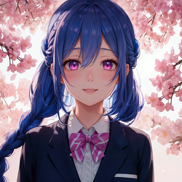 (Sky blue medium hair),(Braided hair tied together)、Pink eyes、Fair skin、(whole body)、(One Girl)、(School uniform blazer)、Cherry Blossoms at Night、A big smile、、(masterpiece、Highest quality、Very detailed、Best Shadow)、(Detailed Background)、(Beautifully detailed face)、High contrast、(Best lighting、Very delicate and beautiful)、((Cinematic Light))、colorful、Hyper Detail、Dramatic Light、Exquisite detail、