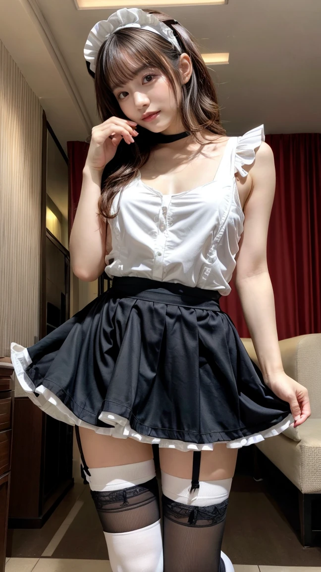 masterpiece, Highest quality, figure, Very detailed, Fine details, High resolution, 8K,wallpaper, Perfect dynamic composition,(Detailed high quality, Realistic depiction of eyes:1.3), short hair, (Wavy Hair:1.2), Huge breasts, Hotel Rooms, (ribbon, Maid, Knee-high socks:1.3), Aside Cutter Shirt, Frilled Skirt, Huge breasts, Do not publish, ponytail, Black hair color, Big Natural Color Lip, Perfect figure, Bold sexy pose, Crying a little、Harajuku Style、20-year-old girl、Cute type、Beautiful feet, Full body photo、Focus on the groin, Gravure idol pose