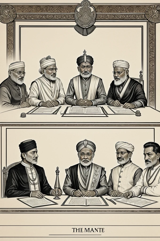 **Frame 4: The Ministers (Amatya)**
- **Sketch**: A council meeting with the king and his ministers.(Ancient India)