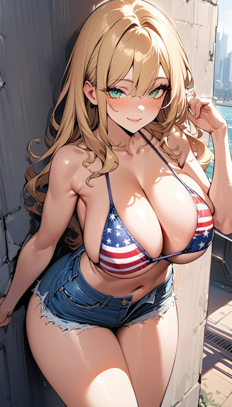 (best quality), (very aesthetic), (ultra-detailed), (best illustration), 1 girl, Solo, fine texture, blonde hair, long wave hair, (huge breasts1.2), freckles, light green eyes, sharp look, Stars and Stripes (US flag) Bikini, denim hot pants,City by the beach, standing against the wall ,smile