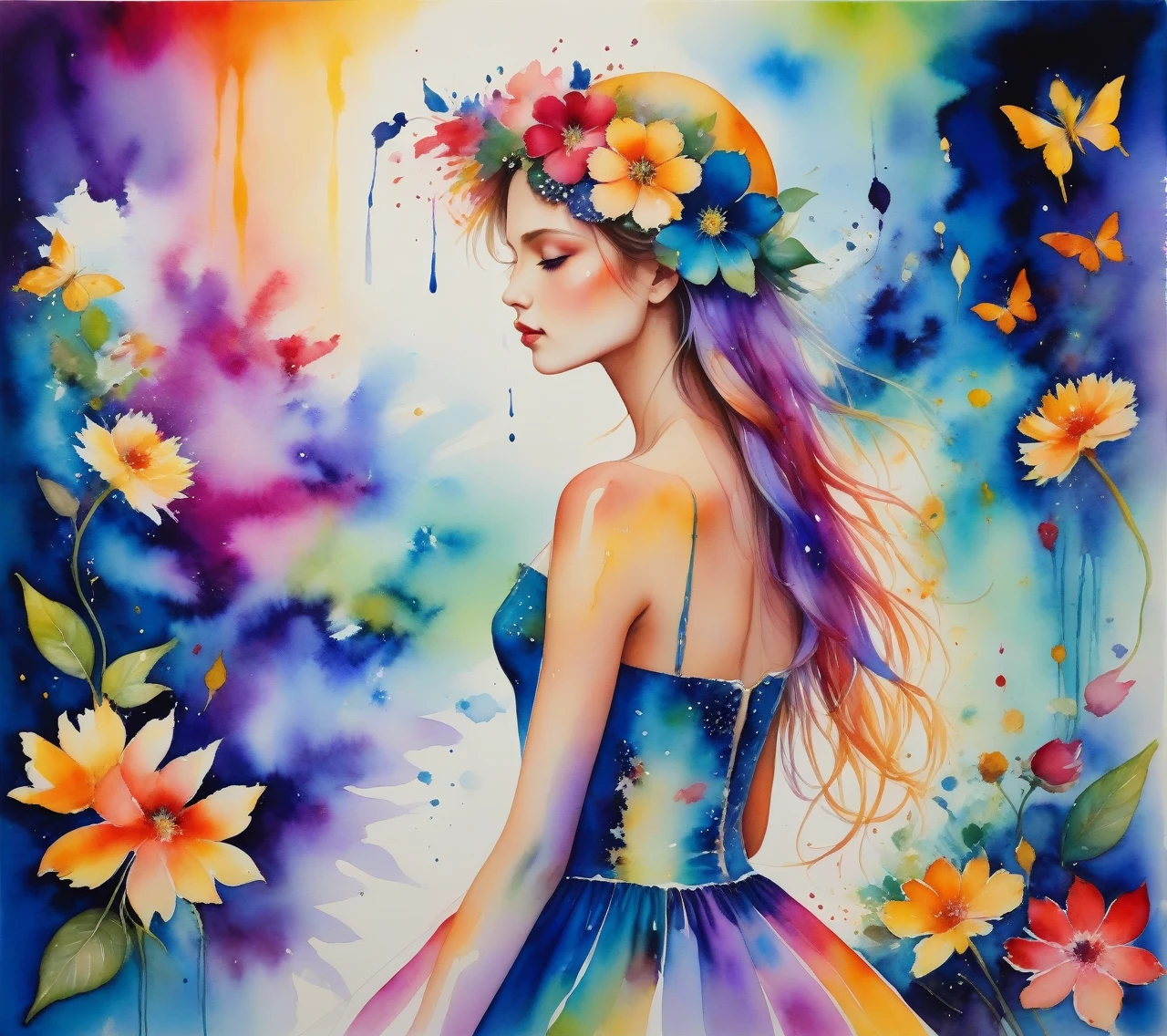 high quality, masterpiece, Watercolor, wash technique, colorful, A painting with paint dripping and spreading, blurry, pale touch, blurred outline, like a fairy tale, Beautiful woman made with flower coloring, expressing women using flowers and plants, cut and combine petals and leaves, draw flowing hair and feminine dresses using colors and shapes of flowers, hat,  bright colors and nature, luminism, three-dimensional effect, enhanced beauty,