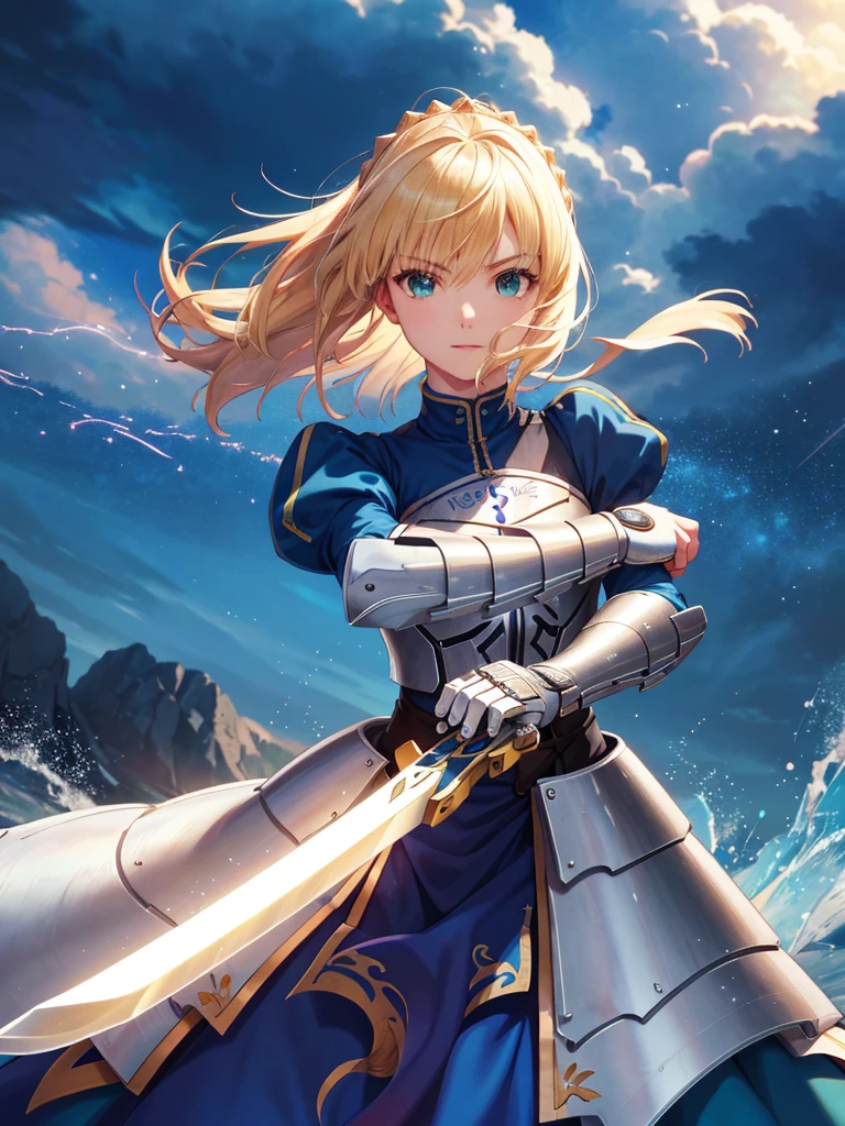 (masterpiece:1.4), (Highest quality:1.4), Realistic, One girl, Artoria Pendragon, armor,, (destiny/Stay Night\), (holding great sword:1.1), Glowing Sword, High resolution, Cowboy Shot, Outdoor, unity 8k wallpaper, (figure:0.8), (Beautiful attention to detail:1.6), Highly detailed face, Perfect lighting, Highly detailed CG, (3D Face:1.1), (Shiny skin:1.5), (超High resolution intricate face details), (Facial skin pores:1.3), 超High resolution cloth texture, (Canon EOS-1D X Mark III camera for outstanding detail:1.2), (Combined with Canon EF24-70mm f/2.8L II USM Lens:1.2), (He has the great sword Excalibur:1.2), Trenches on a war-torn battlefield, Barbed wire in the background, Coming under attack, Thundercloud, heroism, Movie-like atmosphere
