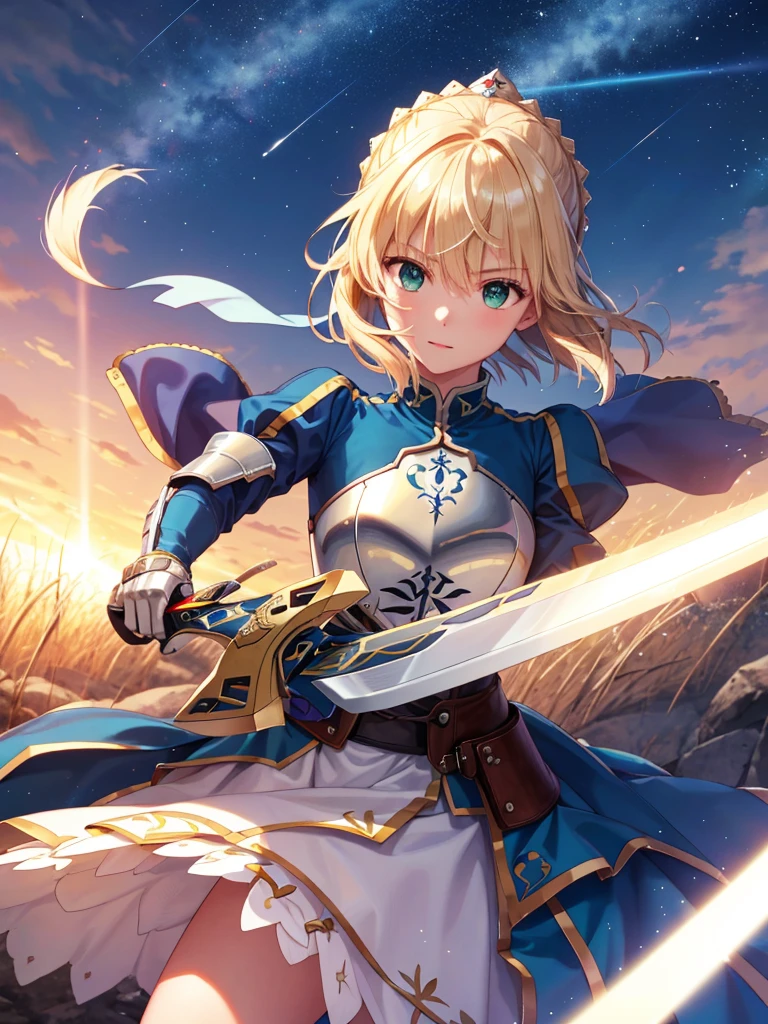 (masterpiece:1.4), (Highest quality:1.4), Realistic, One girl, Artoria Pendragon, armor,, (destiny/Stay Night\), (holding great sword:1.1), Glowing Sword, High resolution, Cowboy Shot, Outdoor, unity 8k wallpaper, (figure:0.8), (Beautiful attention to detail:1.6), Highly detailed face, Perfect lighting, Highly detailed CG, (3D Face:1.1), (Shiny skin:1.5), (超High resolution intricate face details), (Facial skin pores:1.3), 超High resolution cloth texture, (Canon EOS-1D X Mark III camera for outstanding detail:1.2), (Combined with Canon EF24-70mm f/2.8L II USM Lens:1.2), (He has the great sword Excalibur:1.2), Trenches on a war-torn battlefield, Barbed wire in the background, Coming under attack, Thundercloud, heroism, Movie-like atmosphere