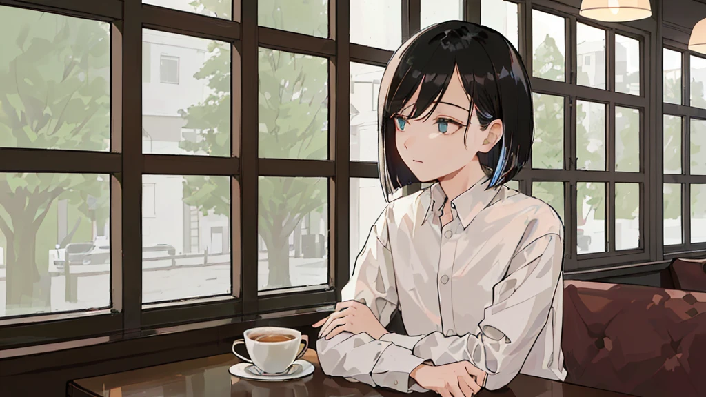 A 32-year-old androgynous adult with a bob cut sitting at a cafe table、Beautiful black hair、Looking down at the tree-lined street below、White coffee cup、Masterpiece、 Sitting alone in a café, Sitting alone in a cafe, Evening Lighting、Wooden retro cafe、White Shirt