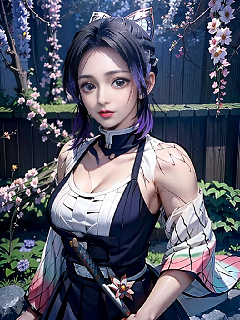 Realistic, Super detailed, High resolution, highest quality, Super detailedな,1 Female , Official Art, unity 8k wallpaper, Super detailed, beautiful and aesthetic, beautiful, masterpiece,( Super busty breasts:1.8,Small waist)、Glowing Skin,masterpiece, wonderful, (CG illustration),Asian, Ultra-realistic textured face and skin、Accurate anatomy、samurai、Colorful armor、Radiation Hair, bangs,Short Bob、((samurai))、sword,Facial details、Dynamic Pose、Dynamic Action、Dynamic Angle、Detailed Background、Wisteria flower、In combat、duel、Degrees of Freedom:1.3