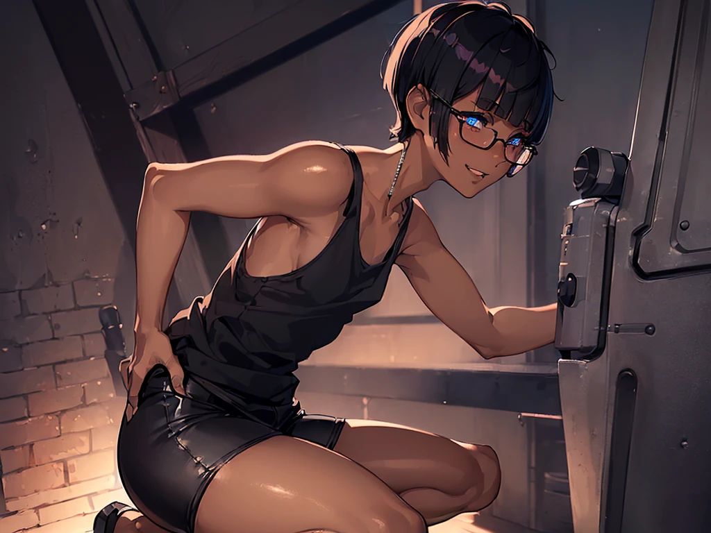 (1 femboy:1.5),(dark skin:1.5),(masterpiece:1.2), highest quality, High resolution, unity 8k wallpaper, (fine and beautiful eyes:1.6), highly detailed face, perfect lighting, Detailed CG, (perfect hands, perfect anatomy),20 years old, (black hair:1.3), detailed eyes, best quality, extremely detailed, very precise detailed, (glasses:1.4), , (straight hair:1.5), (evil smile:1.3) , (blush:1.3),(very short pixie cut:1.4),(blunt bangs:1.4), (greaming skin:1.3),(flat chest),(tank top:1.5),(open mouth),(bike shorts),(leaning_forward:1.4),(from side:1.4),looking_at_viewer,,(kneeling:1.4), 