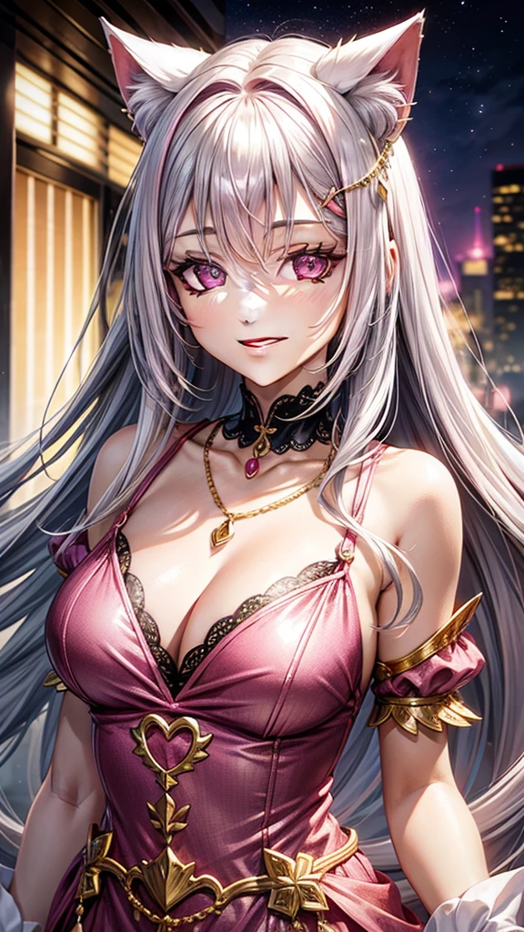 Silver hair, pink eyes, older woman, pink red and gold clothes, hair ornament, cat ears, necklace, long hair, smiling face, upper body