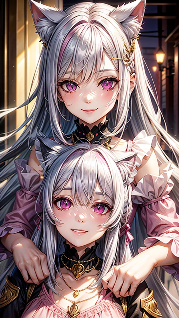 Silver hair, pink eyes, older woman, pink red and gold clothes, hair ornament, cat ears, necklace, long hair, smiling face, upper body
