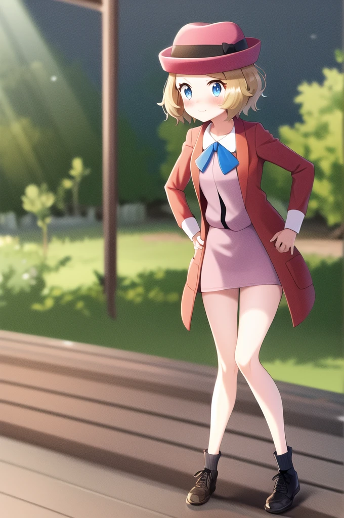 masterpiece, Highest quality, High resolution, Serena \(Pokemon\), short hair, blue eyes, One girl, alone, Blue Ribbon, eyelash, Black thighs, Neck ribbon, No sleeve, bangs, clavicle, Bare arms, Pink Dress, Red coat, Pink hat, Outdoor, Sitting, return, turning return to the viewer, Looking over your shoulder, surprise,blush, ((Lift up your skirt, Panty shot)), panties, 高品質panties,  赤いpanties, Hands on hips.