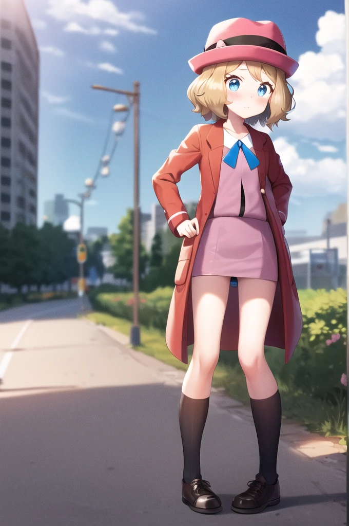 masterpiece, Highest quality, High resolution, Serena \(Pokemon\), short hair, blue eyes, One girl, alone, Blue Ribbon, eyelash, Black thighs, Neck ribbon, No sleeve, bangs, clavicle, Bare arms, Pink Dress, Red coat, Pink hat, Outdoor, Sitting, return, turning return to the viewer, Looking over your shoulder, surprise,blush, ((Lift up your skirt, Panty shot)), panties, 高品質panties,  赤いpanties, Hands on hips.