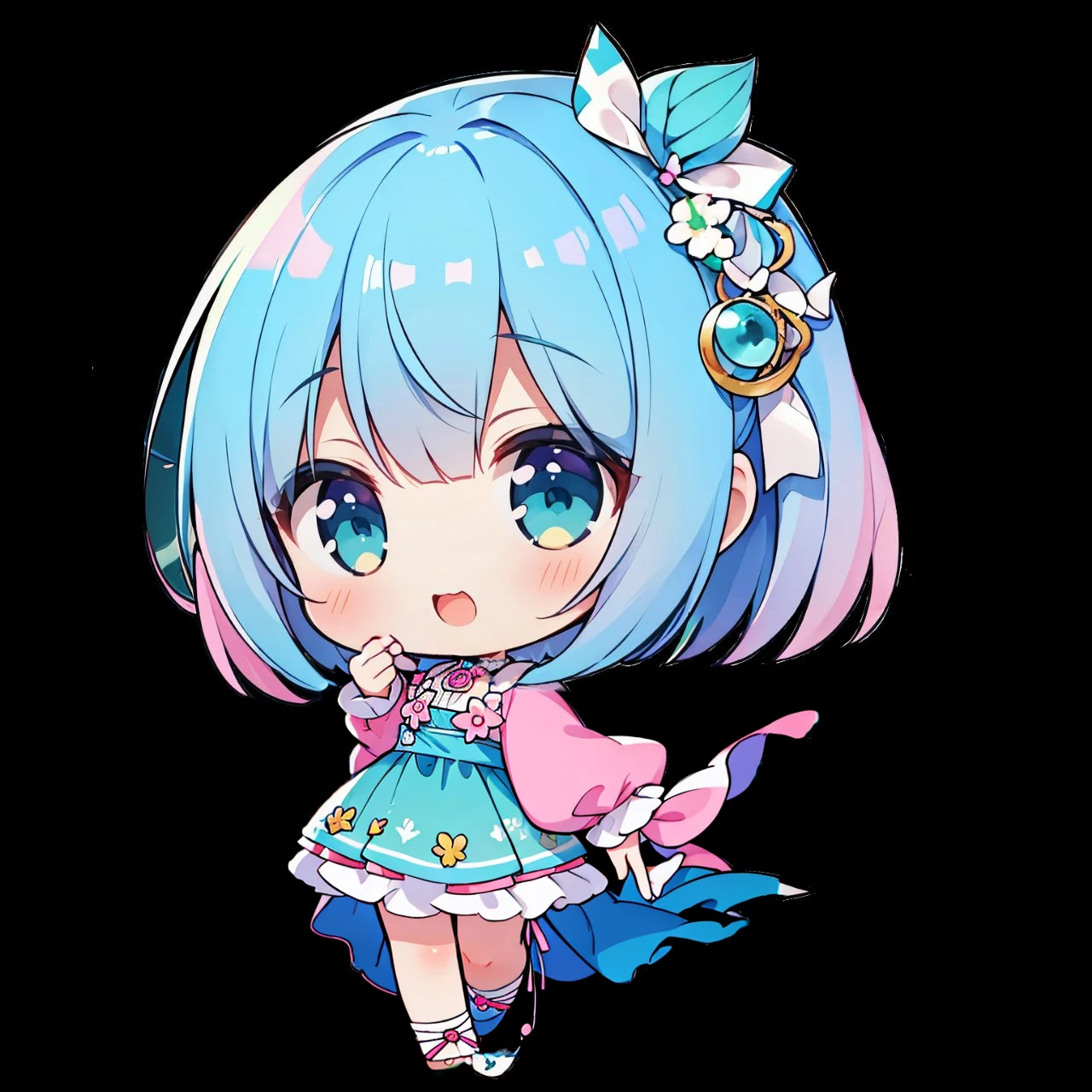 (Highest quality, masterpiece),(Highest quality), (Ultra-high resolution),girl , Bobcut,  chibi,Laughing、Holding a tarot card in one hand、Blue-green dress、Pink and teal gradient hair、Pink and blue gradient eyes、White ribbon in hair、People only、No background