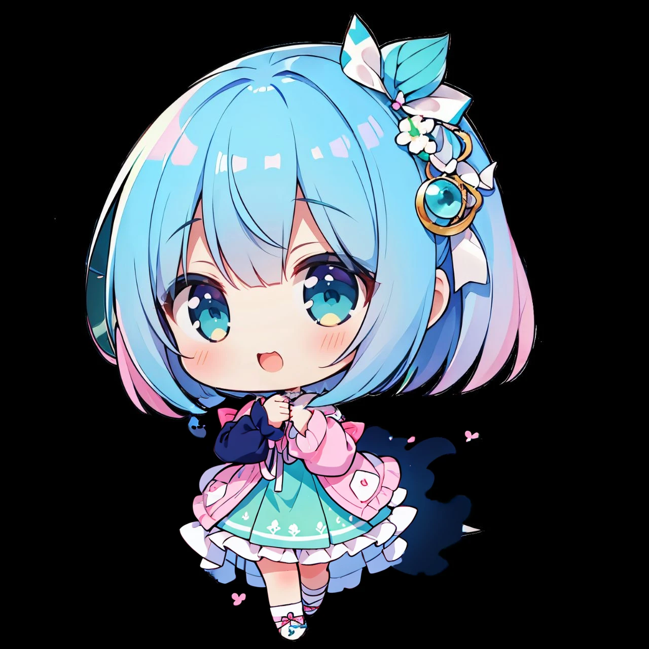 (Highest quality, masterpiece),(Highest quality), (Ultra-high resolution),girl , Bobcut,  chibi,Laughing、Holding a tarot card in one hand、Blue-green dress、Pink and teal gradient hair、Pink and blue gradient eyes、White ribbon in hair、People only、No background