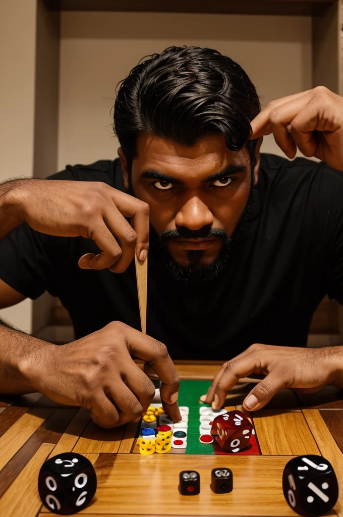   A man is playing ludo with two dice,  the dices are schoked with blood a poped eye is put on the ludo board 