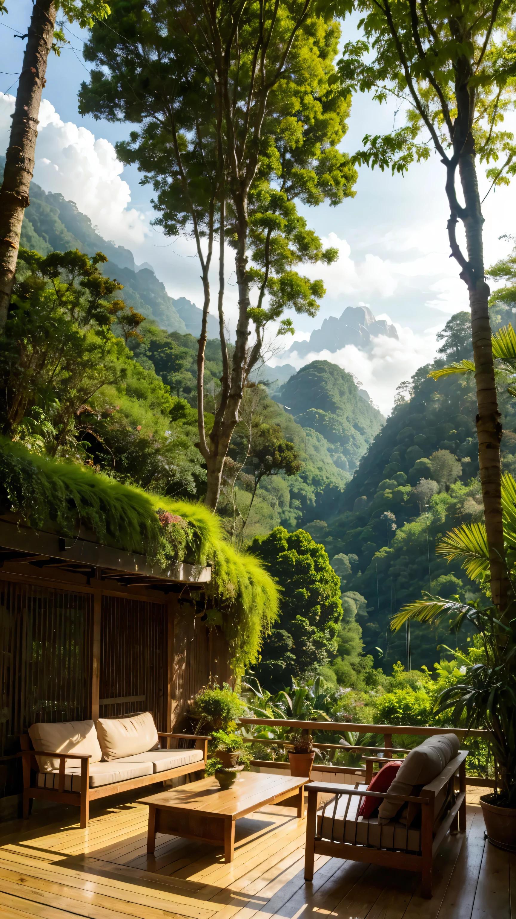 Living room with a view of a mountain and a forest, mountainous jungle scenery, jungle scenery, Like a scene from Blade Runner, magical atmosphere, pintura escura ultrarrealista, in a jungle environment, pleasant environment, cloud forest, beautiful jungle, moody environment, lush jungle, Inside an alien jungle, plants and jungle, rainforest mountains, relaxing environment