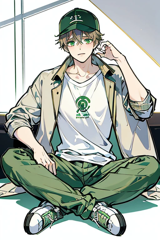 A digital anime-style illustration of a boy with long, wavy gray hair. He is wearing a light brown baseball cap and a loose, oversized green jacket over a white T-shirt. The boy is sitting cross-legged on the floor, with his hands resting in his lap. His outfit is completed with black, pants and white sneakers. The background is plain and light-colored. The boy has a gentle smile and blush on his cheeks, giving a warm and friendly expression."