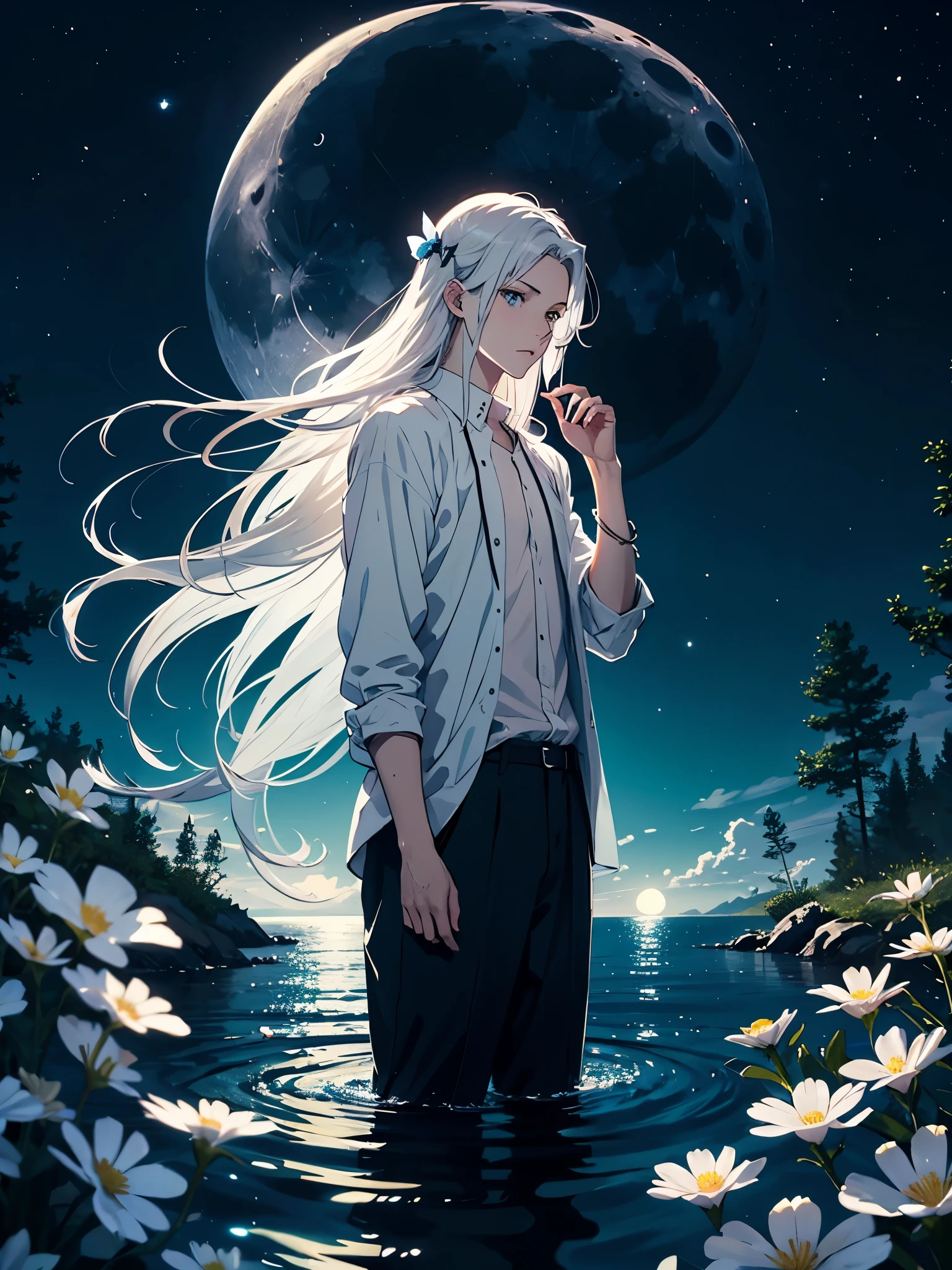 Engel. Viele weoße vögel. More anime. light blue light. Bright bright light. magical. Moon. White flowers. male. Long hair. long white hair. aquatic, boy, God of the Moon, silver hair accessories, White hair.