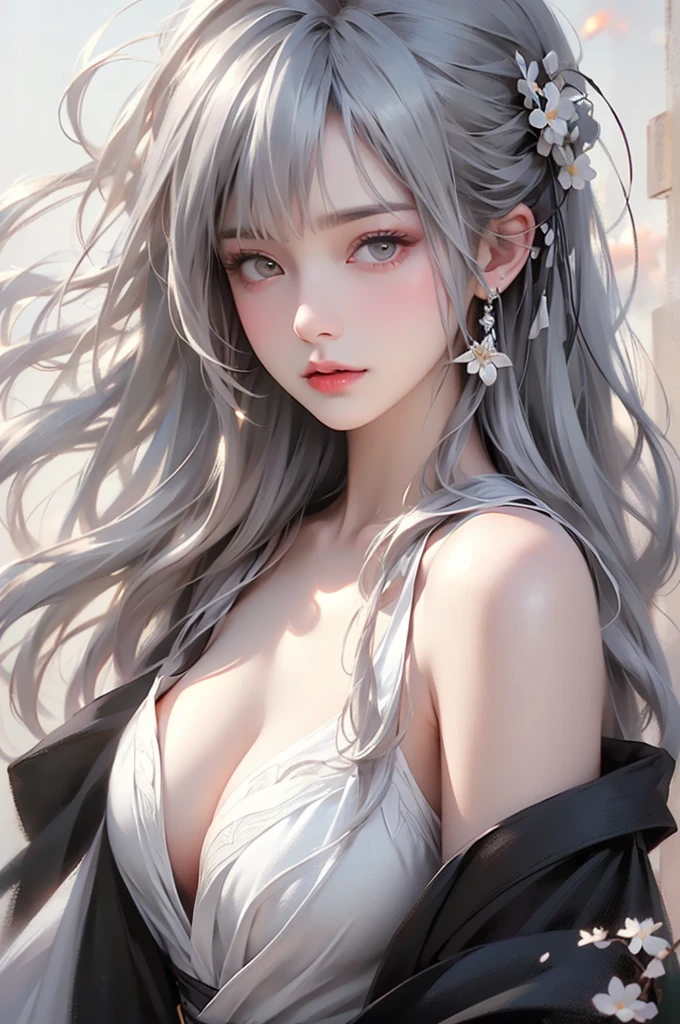 super high quality, masterpiece, Perfect illustration, Very detailed (Exquisite light and shadow, Very dramatic photo,Backlight) , ((Gray Hair:1.5))1 Girl,(( alone:1.6)), (Wearing Japanese clothes, Black and white kimono,Monotony,Long sleeve) Flower Field, Flowers, (White smoke:1.3) (Realistic:1.4), Zen Intertwining, Tangled, Official Art, unity 8k wallpaper, Very detailed, Beautiful and beautiful, masterpiece, Highest quality, (Dynamic Angle: 1.4), Glowing Skin, (Floating colorful flashes: 1) The most beautiful chaotic shapes, elegant, Brutalist Design, Bright colors, Romantic Depth of Field Exotic_dance, half_naked、Expose your shoulders、Ample breasts、Great cleavage、No bra、(from forward)