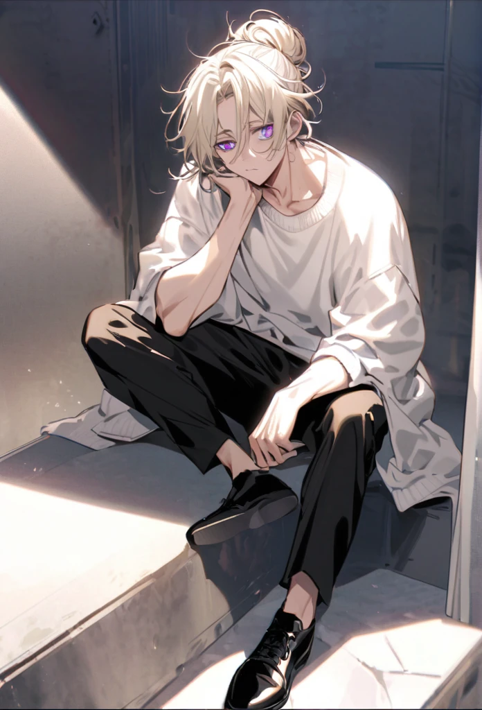 is a tall young man with a lean muscular build, with fair skin, thin, rectangular bright purple eyes, and white pupils. He also had long platinum blond hair just past his shoulders, worn and swept away from his face. wears his hair in a messy bun. he wears a loose white sweater along with black pants and black shoes.
