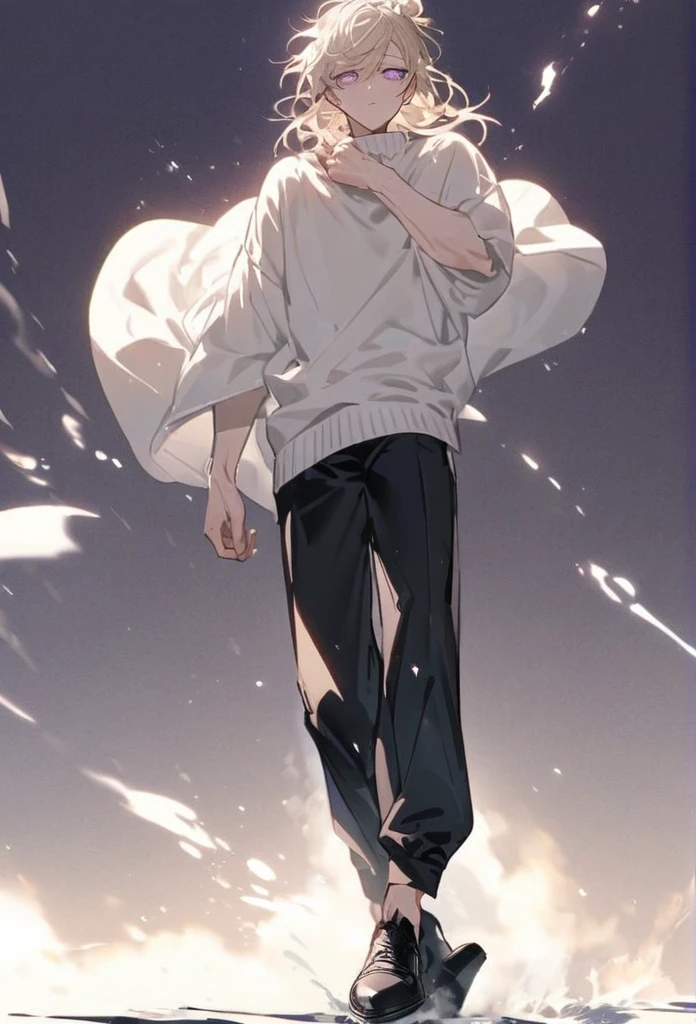 is a tall young man with a lean muscular build, with fair skin, thin, rectangular bright purple eyes, and white pupils. He also had long platinum blond hair just past his shoulders, worn and swept away from his face. wears his hair in a messy bun. he wears a loose white sweater along with black pants and black shoes.