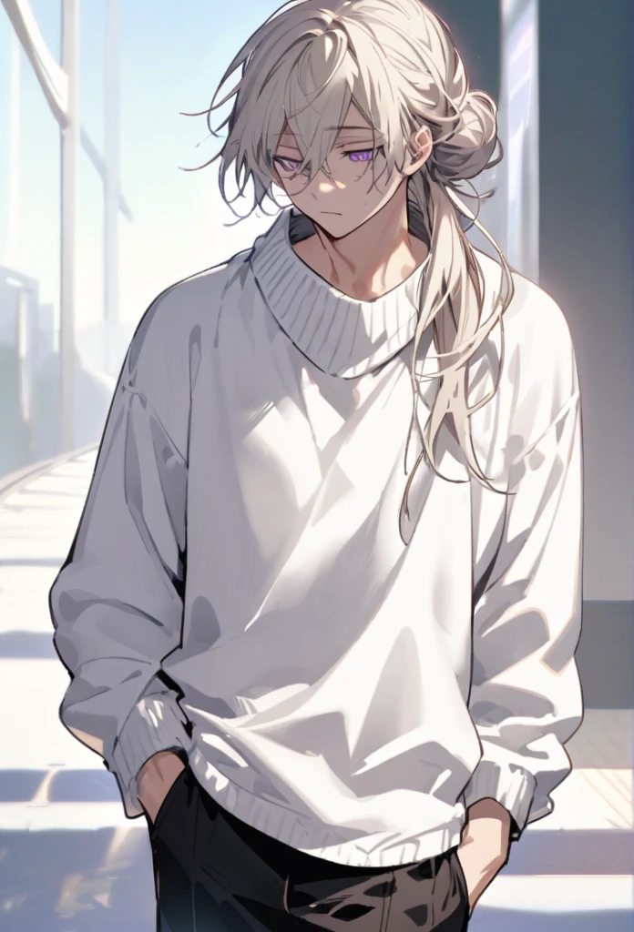 is a tall young man with a lean muscular build, with fair skin, thin, rectangular bright purple eyes, and white pupils. He also had long platinum blond hair just past his shoulders, worn and swept away from his face. wears his hair in a messy bun. he wears a loose white sweater along with black pants and black shoes.