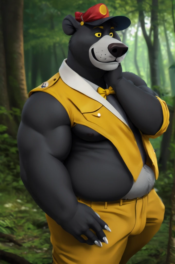 the ball, Male, One, bear, chubby, the forest, paws, claws, for dating, by honovy, black body, back view, dressed, yellow outer suit, jacket  ,bow tie, headdress, trousers,
BREAK,
от bruteandbrawn, for dating, from Kenketa, (difficult, high detail, film photography, soft focus, RAW explicit cinema,
Photorealism, realistic, photorealistic, analog style, Subsurface scattering,
masterpiece, Best quality, ultra realistic, 8 k)