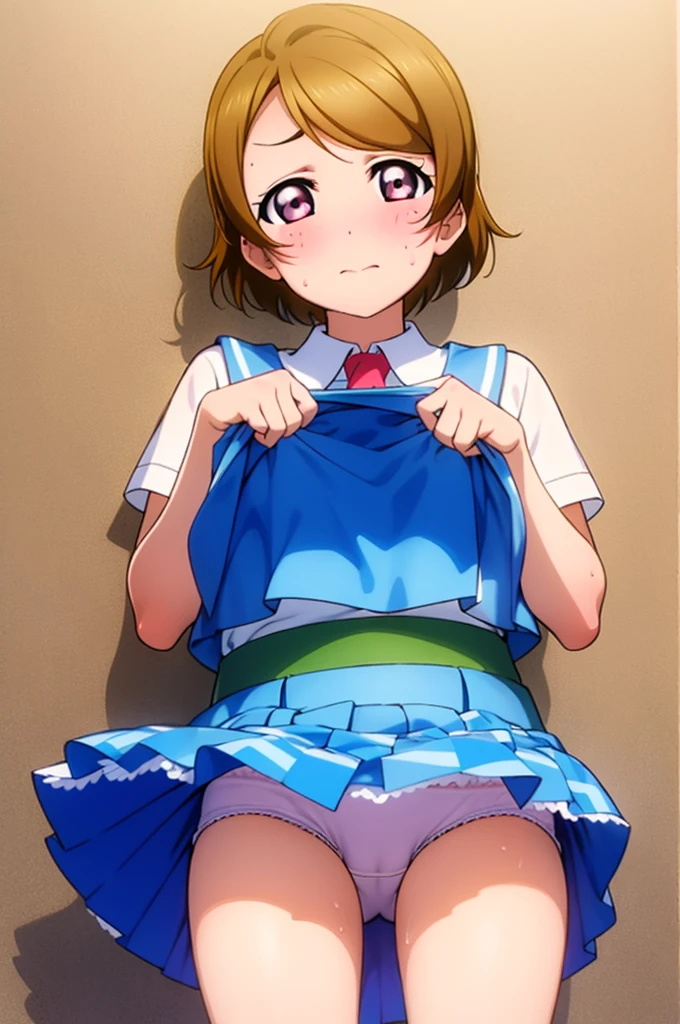 Koizumi_hanayo,Official Art,uniform,Drenched in sweat,Sweaty, Heavy breathing,Red face,Dull Hair,Disgust,anger, Are standing , Exposed armpits, Exposed crotch, Exposed groin, Exposed pubic bone,Ahoge,((Skirt lift up)), in full view
