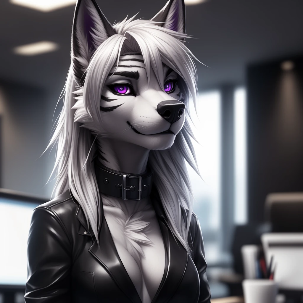 uploaded on e621, (by Wildering, by Koul, by fluff-kevlar, by aycee, by kilnah), solo, female wolf, wolf ears, neck tuft, ((black sclera, purple eyes)), ((office attire)), (masterpiece), (best quality), (anthro furry:1.3, snout:1.3, anthro:1.3, furry:1.2, solo female:1.2), (((black stripes on body, grey fur))) BREAK ((white hair)), (office background, depth of field, ambient light on the body), (intricate:0.7), (high detail:1.3), (unreal engine:1.3), (sharp focus:1.15), (masterpiece, best quality, 4k, 2k, shaded, absurd res), ((leather collar)), ((focus on head))