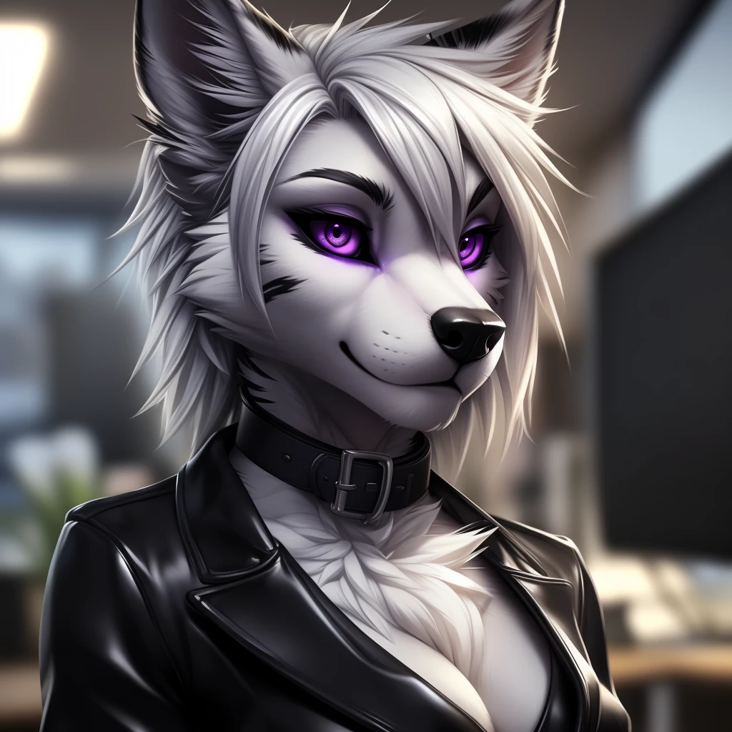 uploaded on e621, (by Wildering, by Koul, by fluff-kevlar, by aycee, by kilnah), solo, female wolf, wolf ears, neck tuft, ((black sclera, purple eyes)), ((office attire)), (masterpiece), (best quality), (anthro furry:1.3, snout:1.3, anthro:1.3, furry:1.2, solo female:1.2), (((black stripes on body, grey fur))) BREAK ((white hair)), (office background, depth of field, ambient light on the body), (intricate:0.7), (high detail:1.3), (unreal engine:1.3), (sharp focus:1.15), (masterpiece, best quality, 4k, 2k, shaded, absurd res), ((leather collar)), ((focus on head))