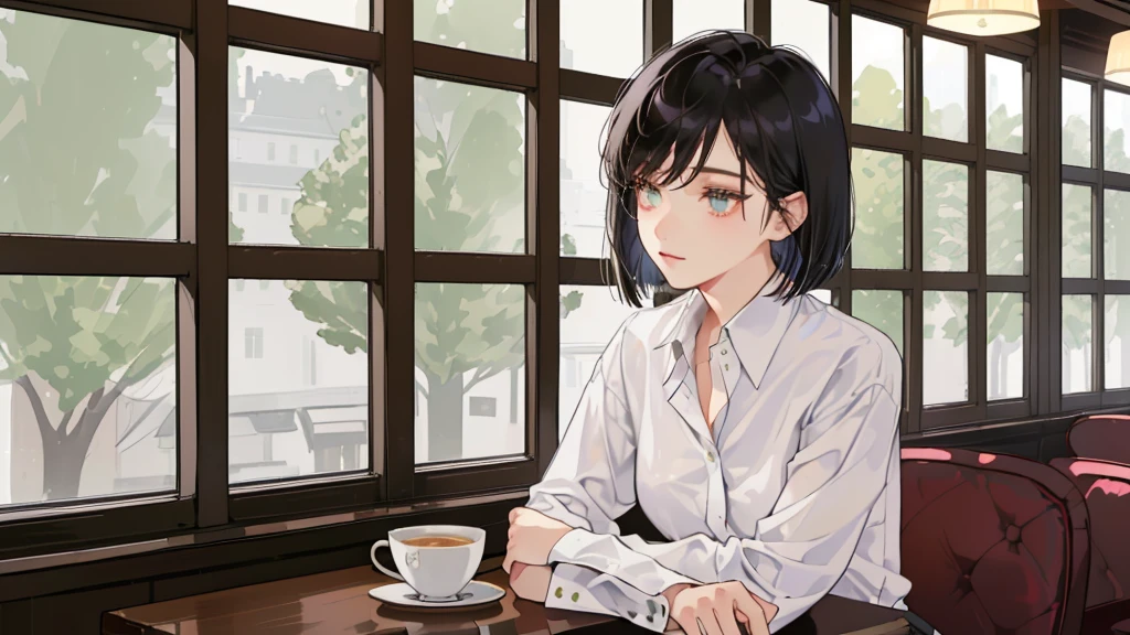A 32-year-old androgynous adult with a bob cut sitting at a cafe table、Beautiful black hair、Looking down at the tree-lined street below、White coffee cup、Masterpiece、 Sitting alone in a café, Sitting alone in a cafe, Evening Lighting、Wooden retro cafe、White Shirt