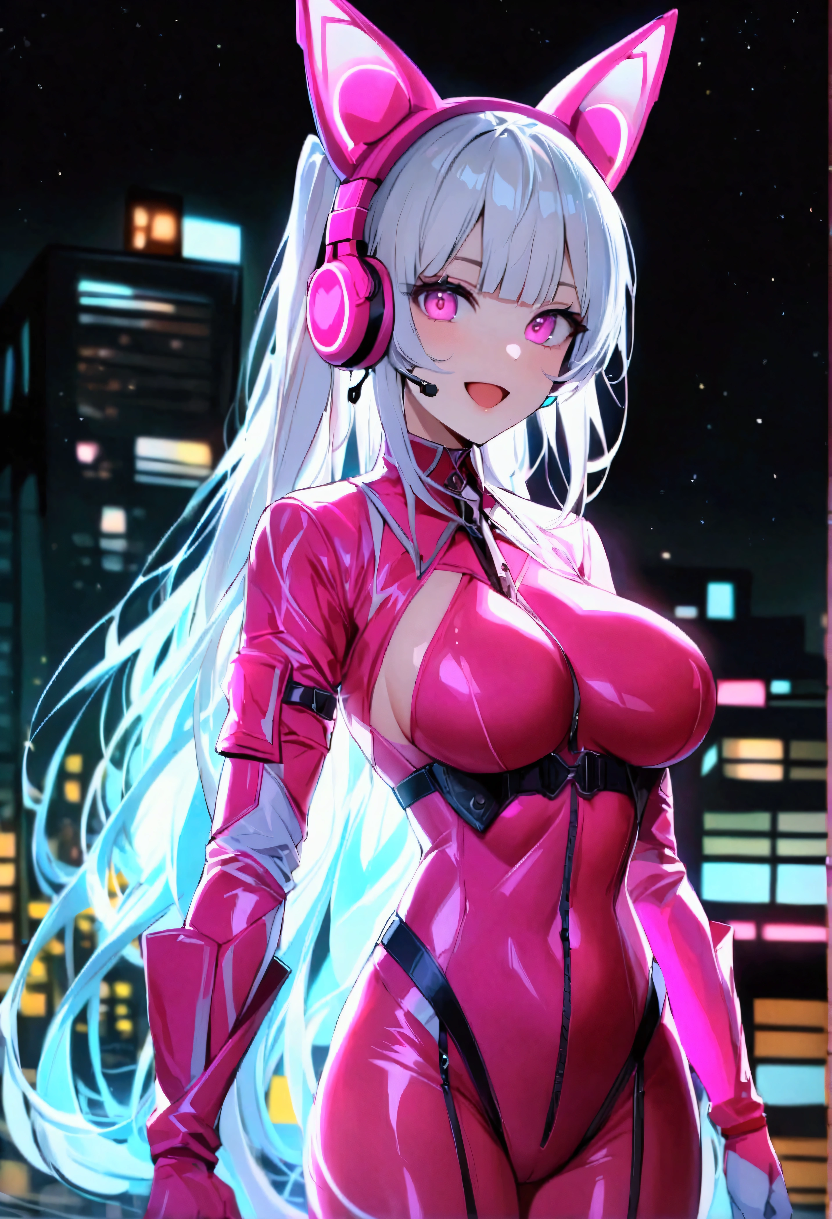score_9, score_8_up, score_7_up, source_anime BREAK 1girl, solo, standing, alicedef, pink eyes, white hair, twintails, very long hair, bangs, headset, fake animal ears, animal ear headphones, shrug \(clothing\), long sleeves, large breasts, pink bodysuit, latex bodysuit, multicolored gloves, pink gloves, white gloves, looking at viewer, smile, open mouth, dark, darkness, night, night sky
