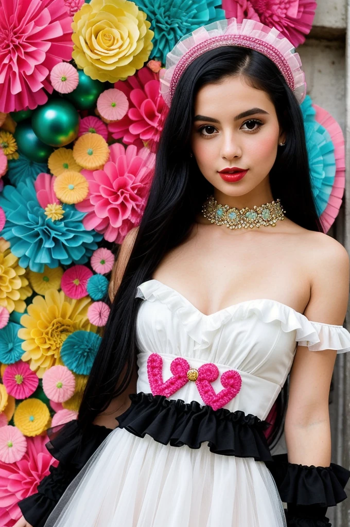 1GIRL, beautiful girl, beautiful face, sassy theme style, fantasy, fine details, (best quality), (intricate details), cute style, chic style, colorful, cute candy full city background, put it in front of the candy shop, ((long healthy black hair)), best quality, ((beautiful off-white frill high-low tulle dress with a pink bodysuit, made a stunning impression on, fantasy woman)), (beautiful style)), beautiful face, funny, cute face, pinup, perfect face, cute candy shop background portrait (masterpiece : 1.2, top quality), (original image, intricate details), (1 woman, solo, upper body, chest) Clothing: sharp, stylish, cool, fashionable, non-standard, avant-garde, experimental Appearance: hair popular women or cute colors, natural makeup, unusual fashion choices, idol stars Behavior: cool, non-conformist, stylish Place: city full of sweets, Underground Music World Hobbies: wants to decorate the world with candy and colors colorful, creating art in mixed media, experimenting with subcultures Different values: individuality , authenticity, creative expression Sources of inspiration: beautiful and cute, counterculture icons, avant-garde art movements Character traits: bold, online, non-standard . Top image, middle image, front look
