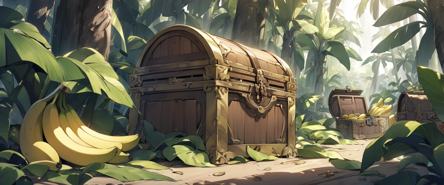 An old treasure chest in a banana forest full of bananas