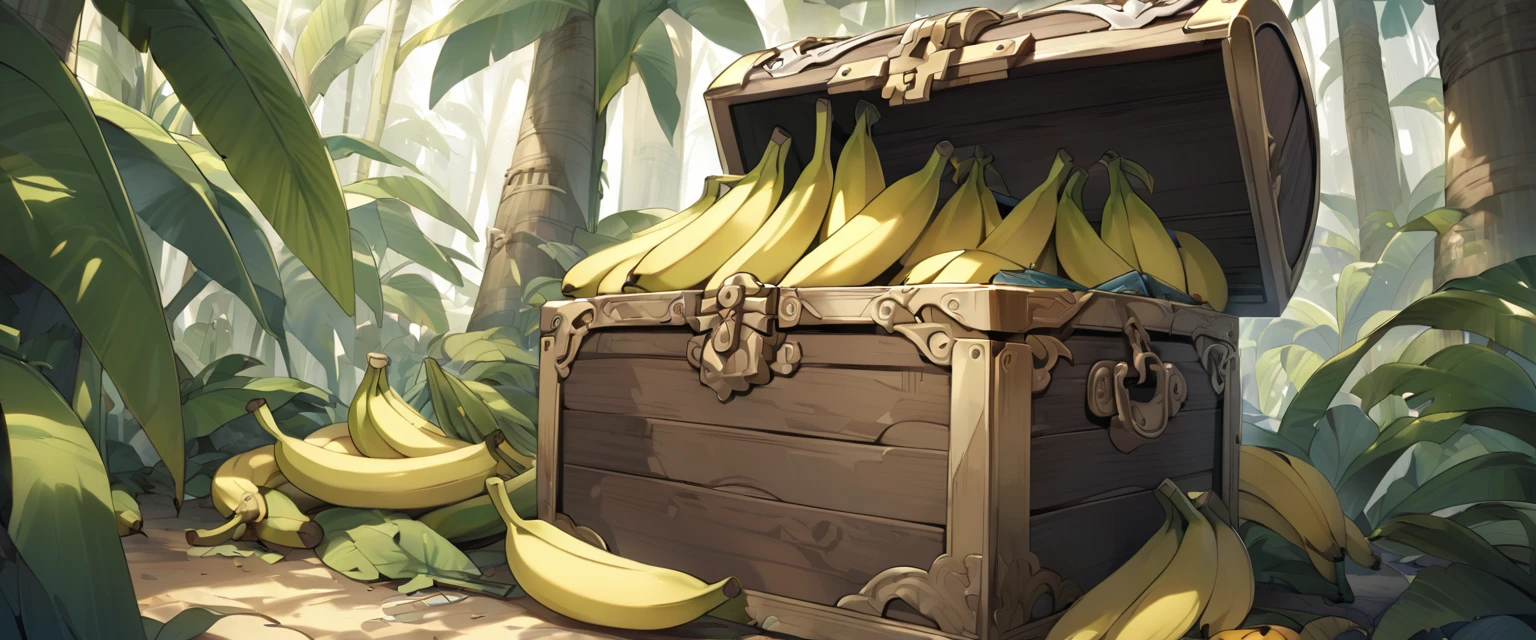 An old treasure chest in a banana forest full of bananas