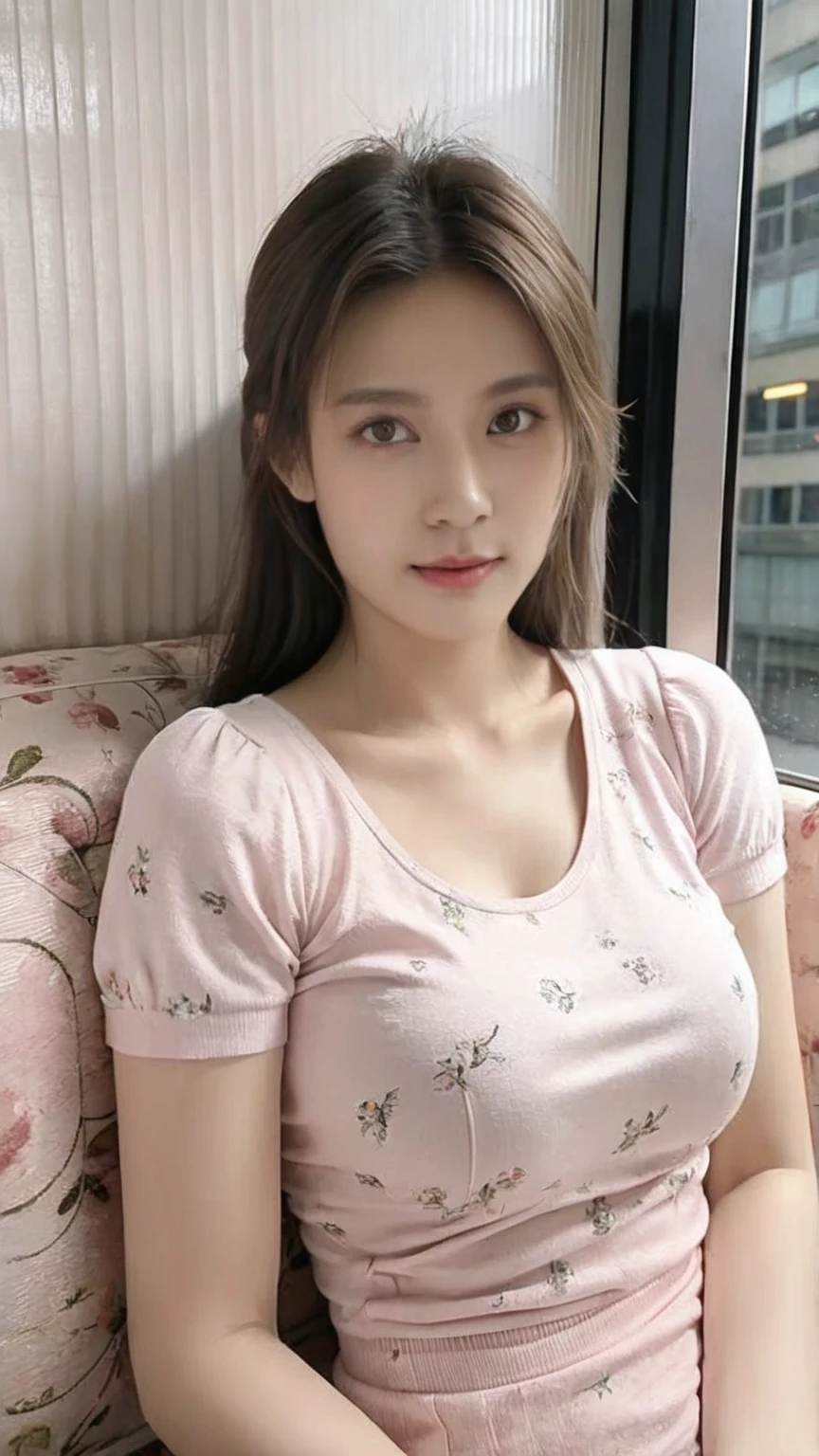 a close up of a woman sitting on a couch near a window, wearing tight shirt, tight shirt, cute young woman, small , wearing a cute top, lovely woman, 19-year-old girl, good young girl, gorgeous chinese model, 2 4 year model, lovely delicate face, gorgeous lady