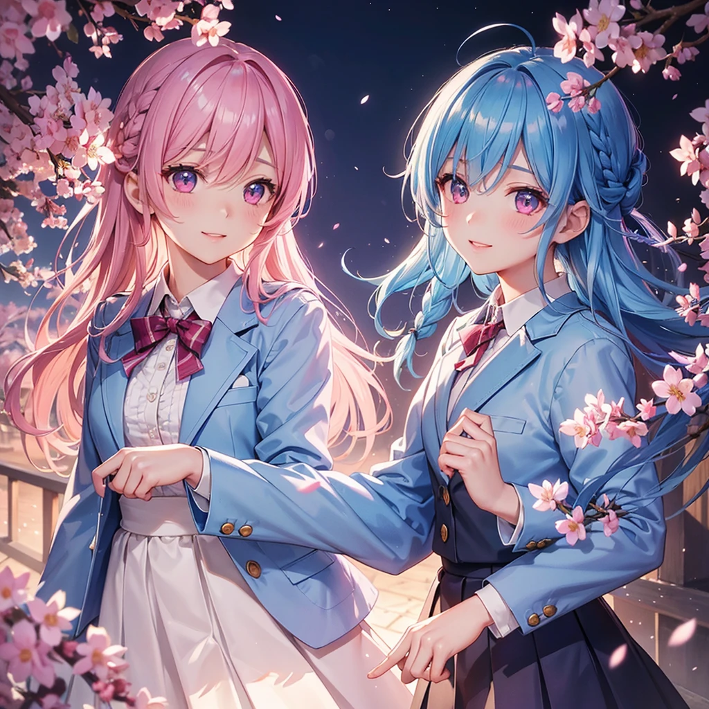 (Sky blue medium hair),(Braided hair tied together)、Pink eyes、Fair skin、(whole body)、(One Girl)、(School uniform blazer)、Cherry Blossoms at Night、A big smile、、(masterpiece、Highest quality、Very detailed、Best Shadow)、(Detailed Background)、(Beautifully detailed face)、High contrast、(Best lighting、Very delicate and beautiful)、((Cinematic Light))、colorful、Hyper Detail、Dramatic Light、Exquisite detail、