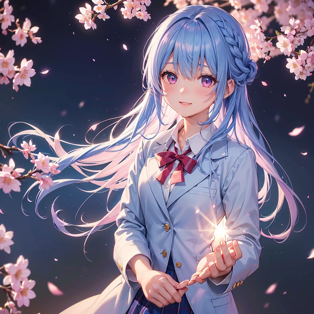 (Sky blue medium hair),(Braided hair tied together)、Pink eyes、Fair skin、(whole body)、(One Girl)、(School uniform blazer)、Cherry Blossoms at Night、A big smile、、(masterpiece、Highest quality、Very detailed、Best Shadow)、(Detailed Background)、(Beautifully detailed face)、High contrast、(Best lighting、Very delicate and beautiful)、((Cinematic Light))、colorful、Hyper Detail、Dramatic Light、Exquisite detail、