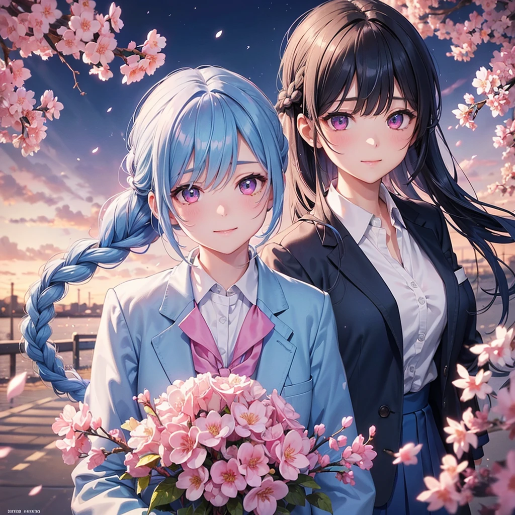 (Sky blue medium hair),(Braided hair tied together)、Pink eyes、Fair skin、(whole body)、(One Girl)、(School uniform blazer)、Cherry Blossoms at Night、A big smile、、(masterpiece、Highest quality、Very detailed、Best Shadow)、(Detailed Background)、(Beautifully detailed face)、High contrast、(Best lighting、Very delicate and beautiful)、((Cinematic Light))、colorful、Hyper Detail、Dramatic Light、Exquisite detail、