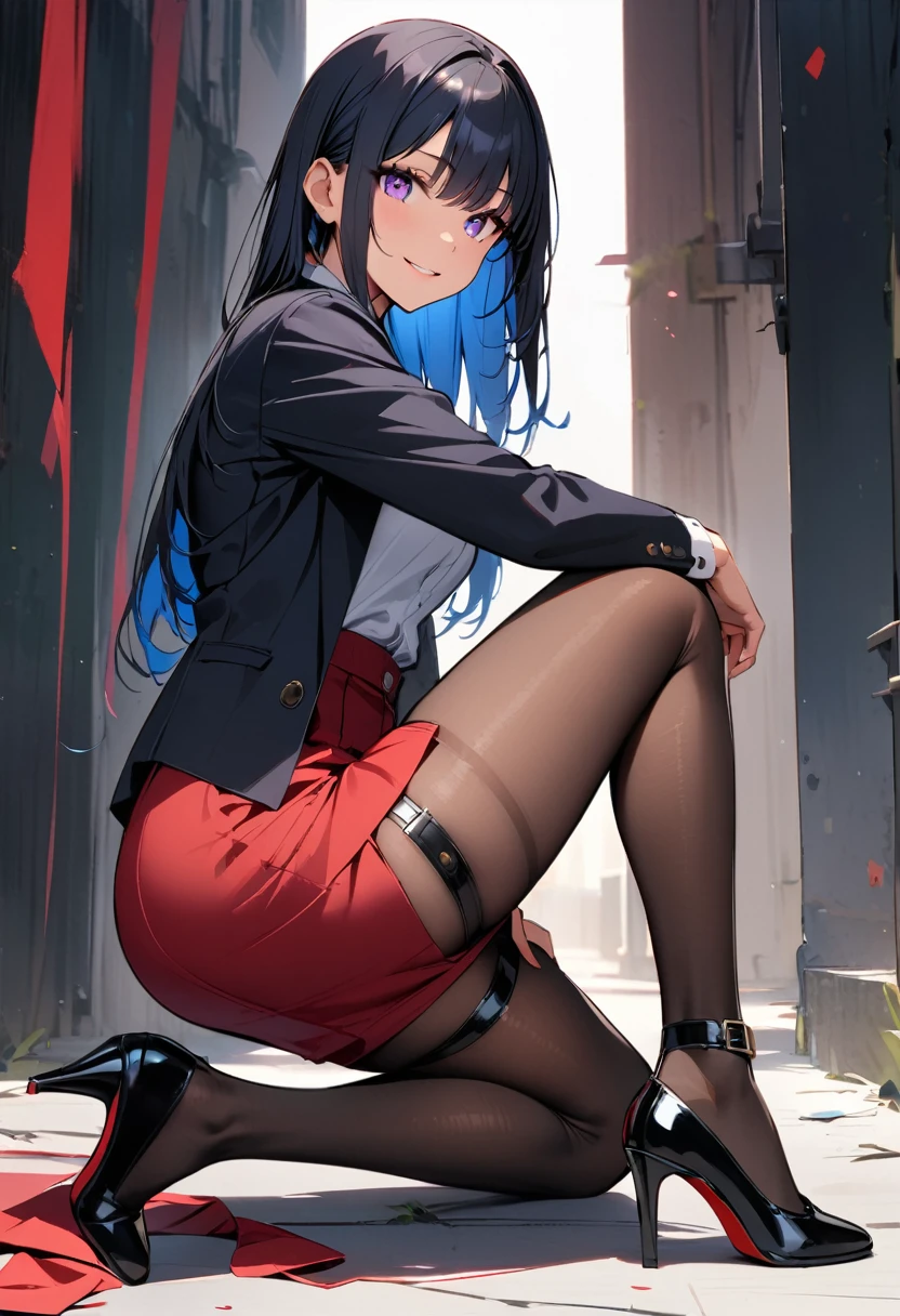 (masterpiece:1.2),Highest quality,Pixiv ,One girl,alone,Long Hair,pantyhose,skirt,View your viewers,High heels,smile,Black footwear,red skirt,White Background,Long sleeve,whole body,high-waist skirt,From the side,One knee,Black Hair,pencil skirt,Thigh straps,Pink Eyes,chest,Jacket,shirt,Straight hair,black Jacket,Blue Hair,Dark Skin, blue eyes,Part your lips,Look to the side