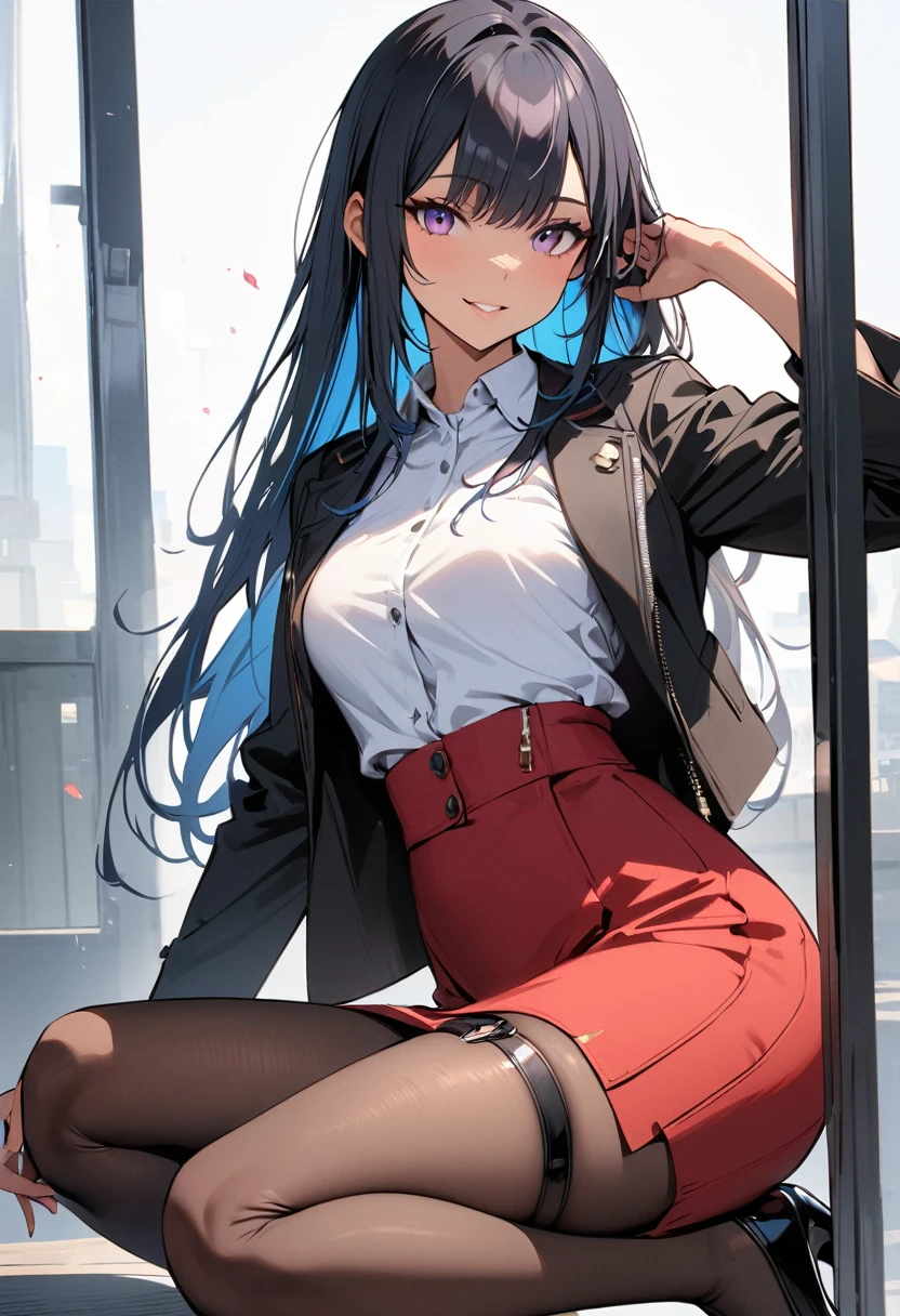 (masterpiece:1.2),Highest quality,Pixiv ,One girl,alone,Long Hair,pantyhose,skirt,View your viewers,High heels,smile,Black footwear,red skirt,White Background,Long sleeve,whole body,high-waist skirt,From the side,One knee,Black Hair,pencil skirt,Thigh straps,Pink Eyes,chest,Jacket,shirt,Straight hair,black Jacket,Blue Hair,Dark Skin, blue eyes,Part your lips,Look to the side