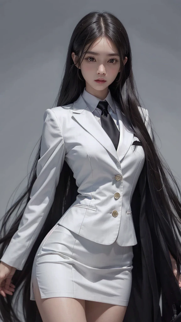 business woman, beautiful woman, Wear a suit and tie, short skirt suit, business suitwhite, กระโปรงดินสอสั้นwhite, business suitรัดรูป, All white outfit, Emphasize the curves of the body, (สาวสวยTwo meter long hair, my hair is very long., extra long hair, long black hair), business suit, (Italian style suit, two button suit), (Italian suit, white สูท, Set of two buttons), (wearing a women's suit, Business Women Suit, white), (สูทผู้หญิงwhite), (เสื้อเชิ้ตwhite), necktie, (necktieสั้นสีดำ, necktieสีดำ, necktieผอม, ถักnecktie), (military rank insignia), (Short pencil skirtwhite), (Dynamic posts), full body, (A gigantic rift), (big breasts, thin body, small waist, hips raised, small thighs, Long legs), high-heelsสีดำ, (Short pencil skirt, white), Wearing a suit for a business woman, (Wearing a white businesสูท, business suitหญิงwhite), (tight, military regalia, เสื้อwhite, กระโปรงwhite), Long legs, (black shoes), (Two gold สูท buttons, Two meter long hair, Form fitting suit, เสื้อสูทwhiteทรงธรรมดารัดรูป), (black shoes, high-heels), (stand, walk, elegant gesture, Dynamic posts), short dress, earring, garden, Modeling, full body, ภาพfull body, military rank insignia