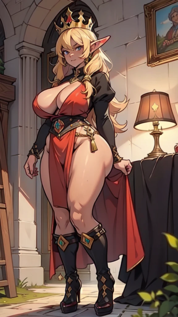 (I am a human queen-woman who is the sole sovereign ruler of my goblin kingdom), I&#39;m being pinned to the wall, queen green dress with extremely generous vwey cutout, medium long brunette hair, queen tiara, sweaty and sexy shiny armpits:1.2, salto alto queenly stilletto, ((Meia-noite)), (at isekai-fantasy castle hall at Meia-noite), grumpy woman, anime sky style, best qualityer, high resolution, 1 girl, inspired by the work of ntrman: queen who adopted a goblin, perspiring, (very generous full breasts), bobbing breasts:1.1, fleshy constitution, big thick arms, beautiful  face, medium long and seductive hair, brown beige:1.1, half-closed eyes, clear pupils, motherly face determinado, [motherly face], beautiful long legs, Body cute, extremely fertile maternal body shape, beautiful nose, Beautiful character design, bangss, purples eyes, (thick pubic hair), (I&#39;m trapped in the wall by goblins), (my arm is shaking its hair seductively:1.1, (gazing at viewer), cowboy shot, full body photo front view:1.1, break, ((with a group of elves)), (very dynamic vision), -auto
